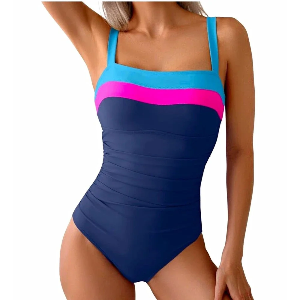 EOMENIE Women's Colorblock One Piece Swimsuit Adjustable Wide Straps, M